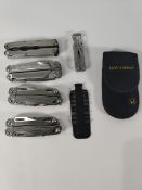 Five preowned Leatherman multi tools to include Kick and Wave (over 18s only).