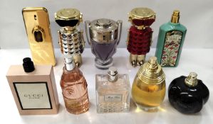 Thirty perfumes/testers and related to include Gucci, Dior, Paco Rabanne, Armani and more! (please n
