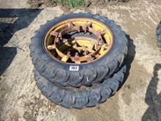 Pair Kleber 9.5R32 front row crop wheels and tyres, no centres
