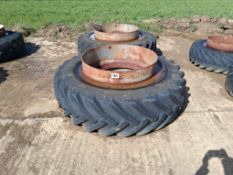 Pair Olympic 20.8/42 dual wheels and tyres with clamps