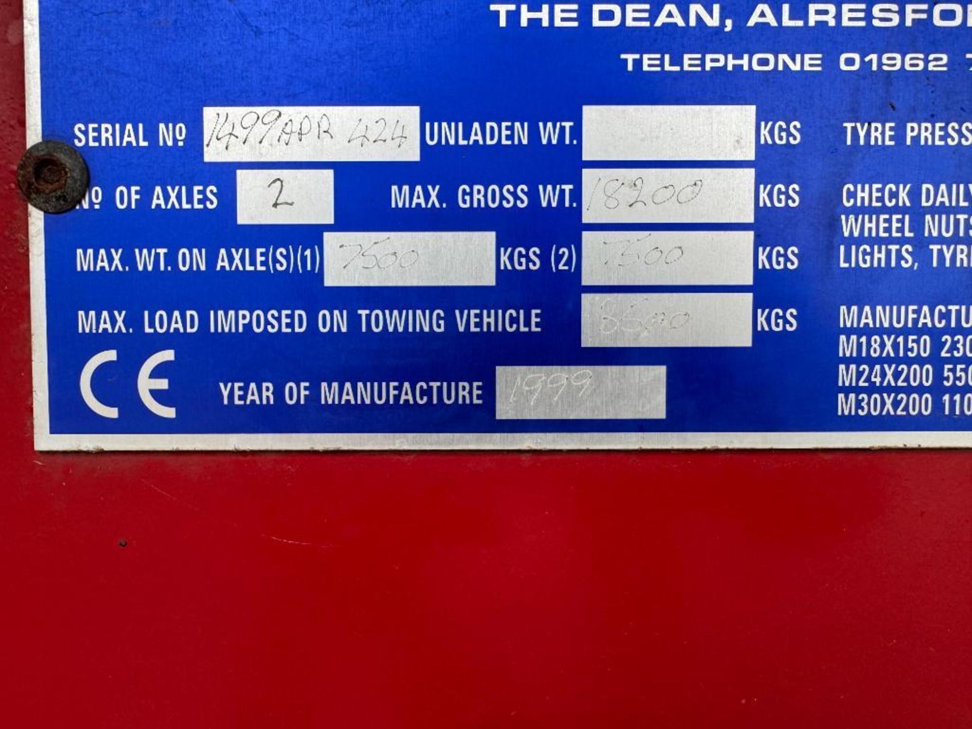 1999 Warwick 15t twin axle grain trailer with sprung drawbar, hydraulic brakes and manual tailgate o - Image 8 of 13