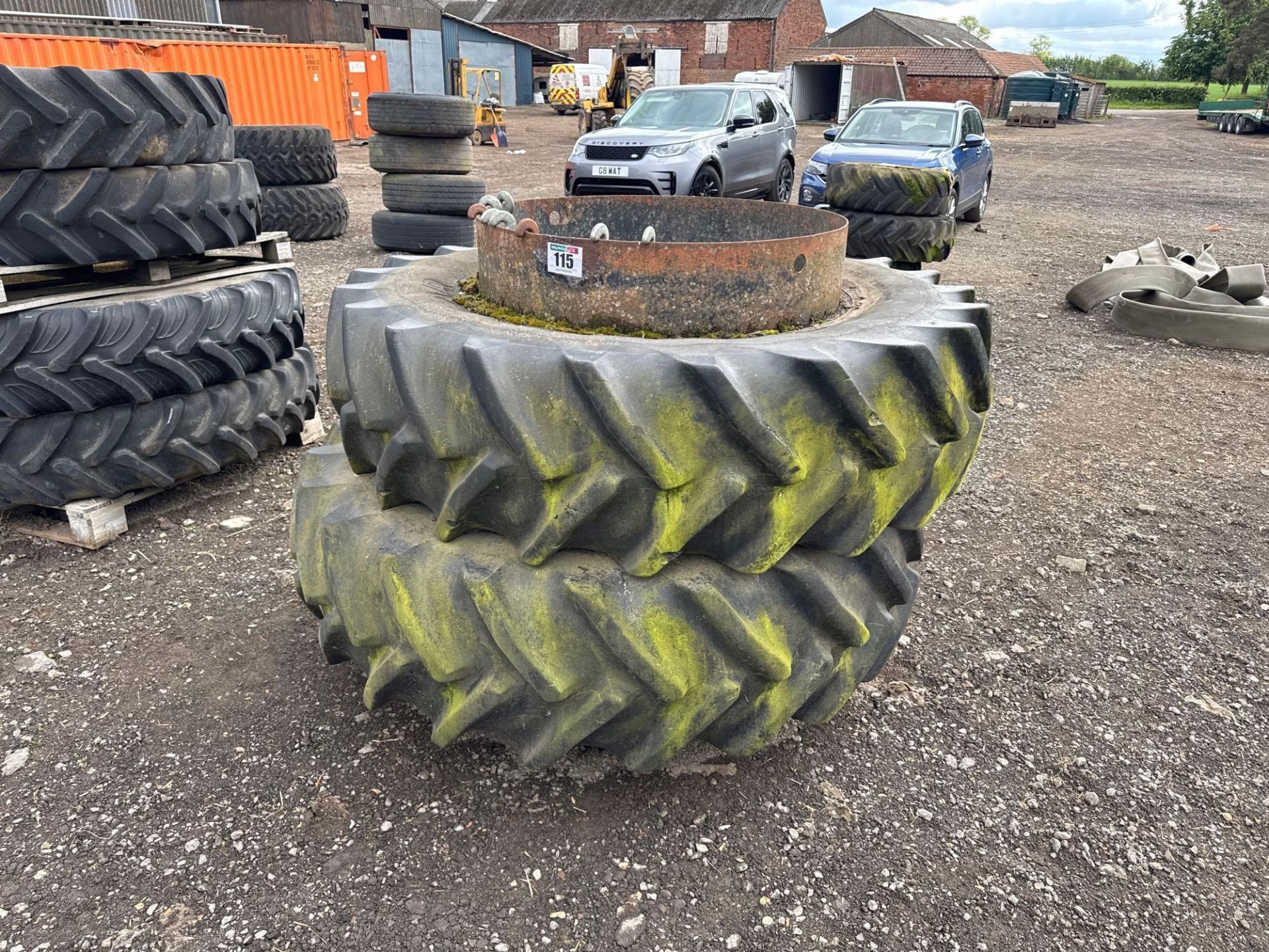 Pair Goodyear 18.4R38 dual wheels and tyres with clamps