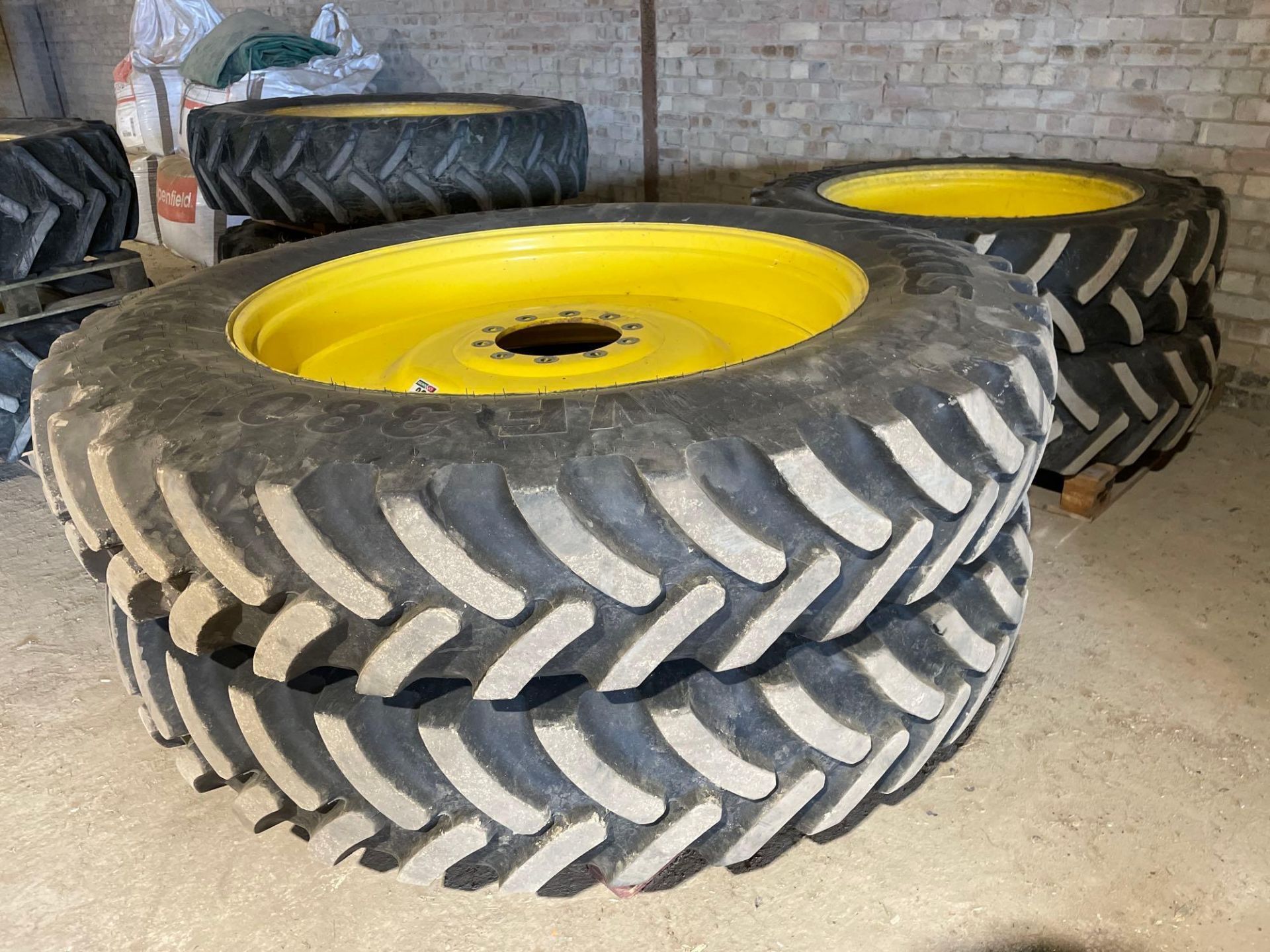 Set Mitas 340/85R38 front and 380/105R50 rear row crop wheels and tyres with John Deere centres