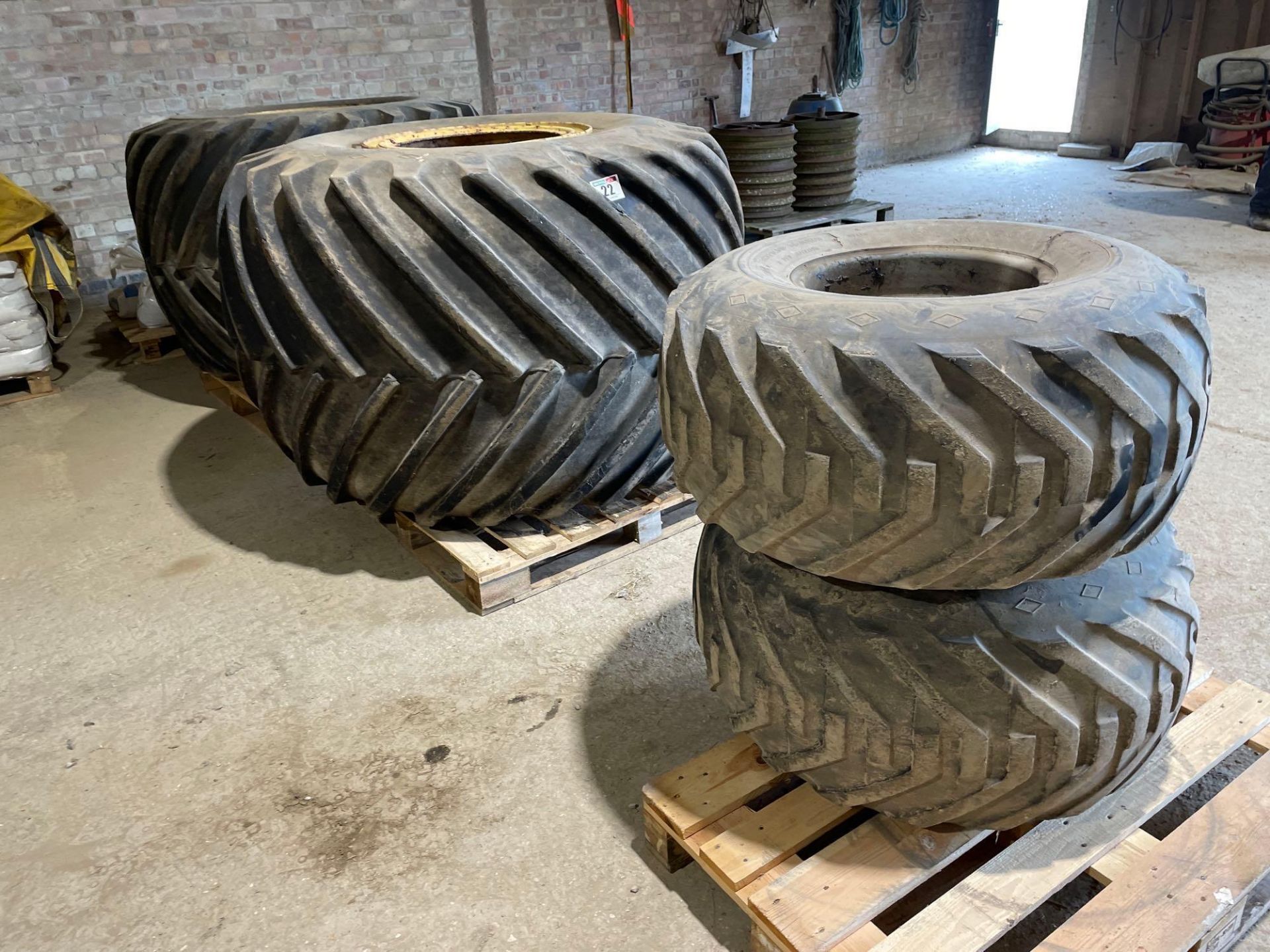 Set Goodyear 66x43.00-25 8 stud rear Terra tyres with 38x20.00-16.1 6 stud front Terra tyres to suit
