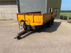 c.1980's Richard Western twin axle drop side trailer with sprung drawbar, hydraulic brakes and manua