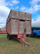 1970 Pettit twin axle trailer with farm made livestock box on 7.00-16 wheels and tyres. Spares or re