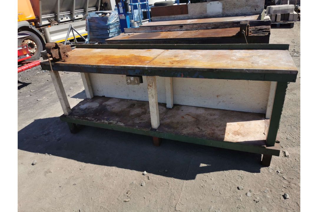 Wooden Workbench bench steel top with No3 Record Vice Attached - Image 1 of 3
