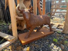 HEAVY CAST IRON RUSTY BULL STATUE ON PLINTH