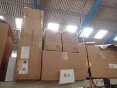 A shelf of lighting, including brass floor lamps, Grantham 3 arm lights, Khloe battery operated