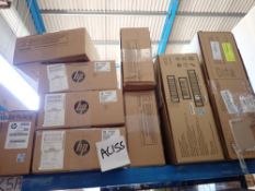 A selection of HP products, including fuser assembly print head wiper kit and trans belt assembly,