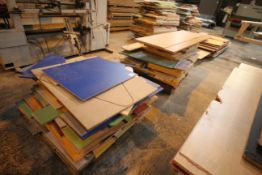 Three pallets of various wood, coloured and other furniture laminated chipboard etc.