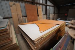 Large quantity of large sheet laminated chipboard of varying thicknesses etc.