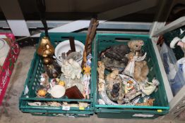 Two boxes containing various china, figures, chamb
