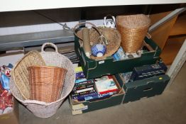 Three boxes containing various puzzles, wicker bas