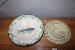 Adrian Brough, Studio pottery bowl having fish decoration, initialled to base, together with a
