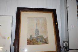 An oak framed watercolour study depicting a cathed