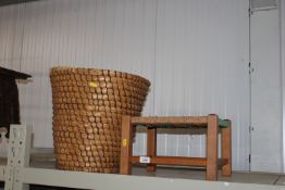 A wicker basket and a string topped stool