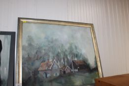 An oil on canvas study depicting a cottage, initia