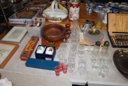 A quantity of various table glass ware; wooden bow