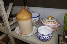 A stone ware flagon, floral planters, tureen and c