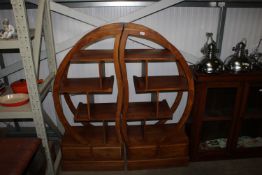 Two wood effect semi circular shelving units, fitted two drawers