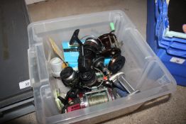 A crate full of fishing reels