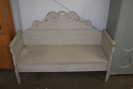 A large painted pine bench with lift up storage, a