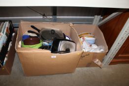 Three boxes of various kitchenalia, saucepans etc.