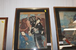 In the style of Utagawa Kunisada, Japanese style block print depicting a scene form a Kabuki play,