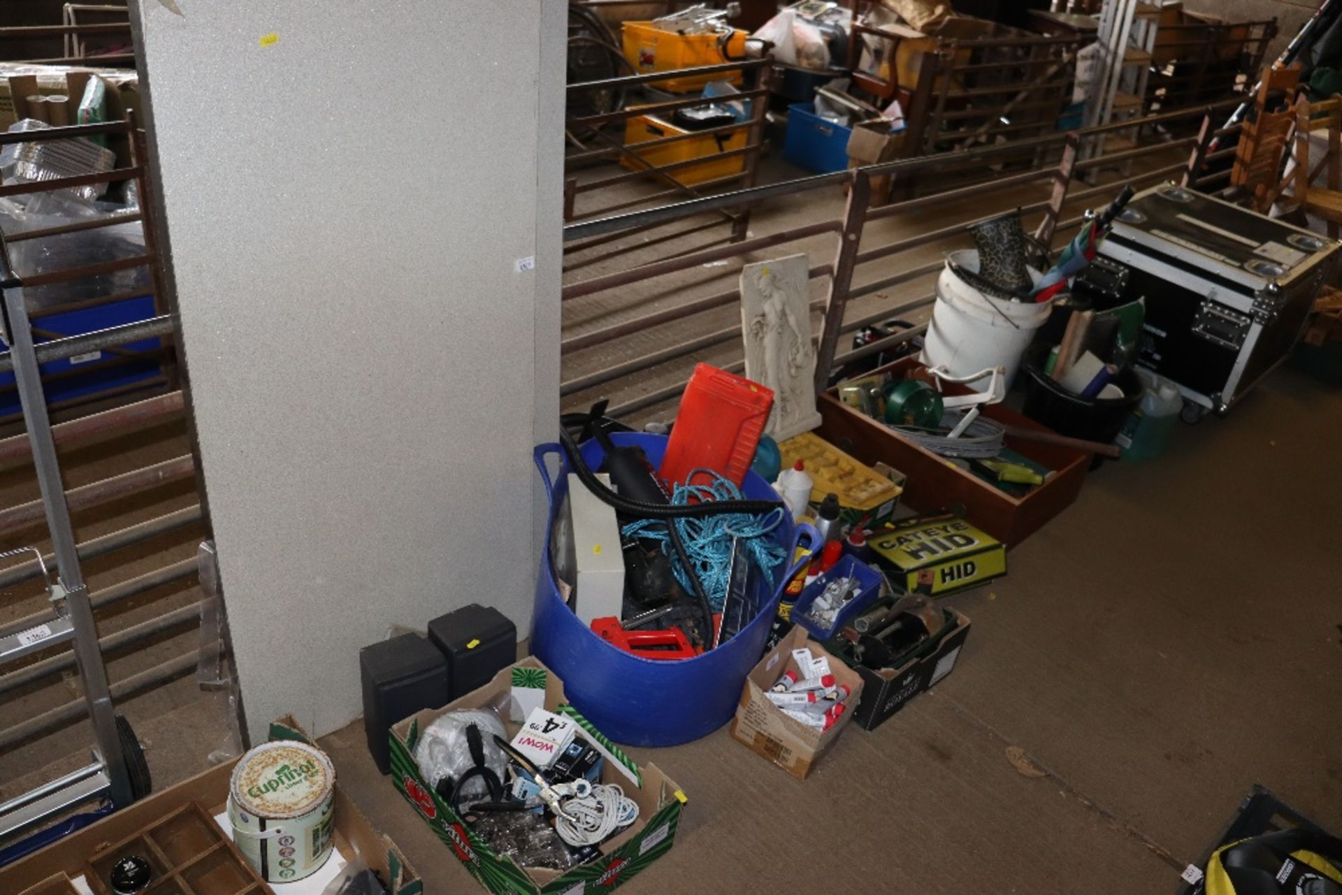 Two kitchen worktops; a pair of speakers; plastic