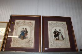 A pair of gilt framed coloured prints depicting co