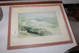 A framed and glazed coloured print depicting a cit