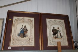A pair of gilt framed coloured prints depicting co