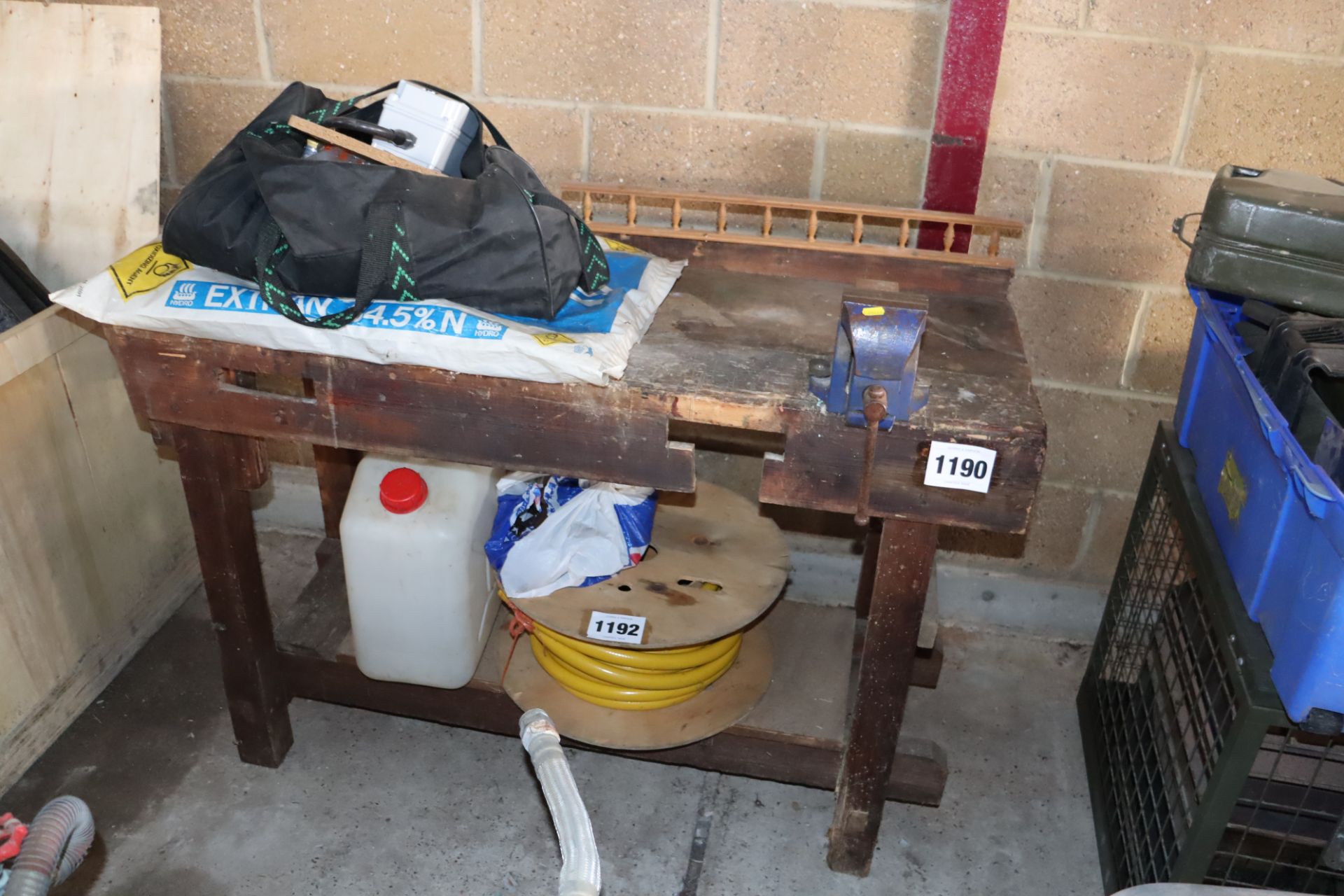 Wooden work bench with vice. From a deceased estat
