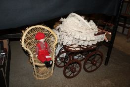 Four collector's dressed dolls; a dolls pram; and two chairs