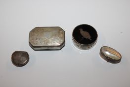An oval silver and mother of pearl box an cover; an antique silver box with hinged lid; a circular