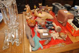 A quantity of various wooden figures; an olive wood bookmark; and a carved fish