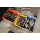 Various shackles, turn buckles, pins and snatch blocks. From a deceased estate.