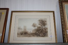 A gilt framed watercolour study depicting a castle