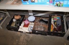 Four boxes containing various sundry items; fabric; glass ware etc.