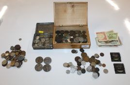 A wooden box, the lid depicting 'The Jetty, Margate' and a tin both containing a collection of