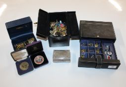 Three boxes containing various cufflinks and badges, some Masonic related to include Parsons Turbine
