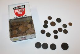 A tin containing mostly copper coinage to include a George III 1797 cartwheel penny