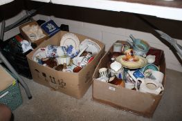 Three boxes of various sundry glass and china to include Huntley & Palmers biscuit tin, various