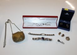 A box of jewellery to include a pair of Swarovski earrings, necklace, wristwatches, brass purse