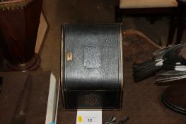 A Victorian leather covered stationery box with presentation plaque inscribed 'Presented to Mrs