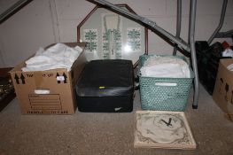 Two boxes and a suitcase of various Christening gowns, vintage linen and lace etc.