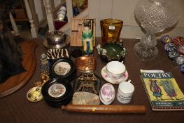 A quantity of various glass and china to include framed Pratt ware lids, exotic skin covered box,