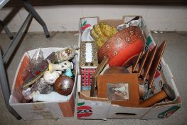 Two boxes containing various sundry glass and china etc. to include table lamp in the form of a
