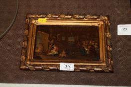 An antique oil painting on copper, contained in gilt frame depicting a tavern / interior scene,